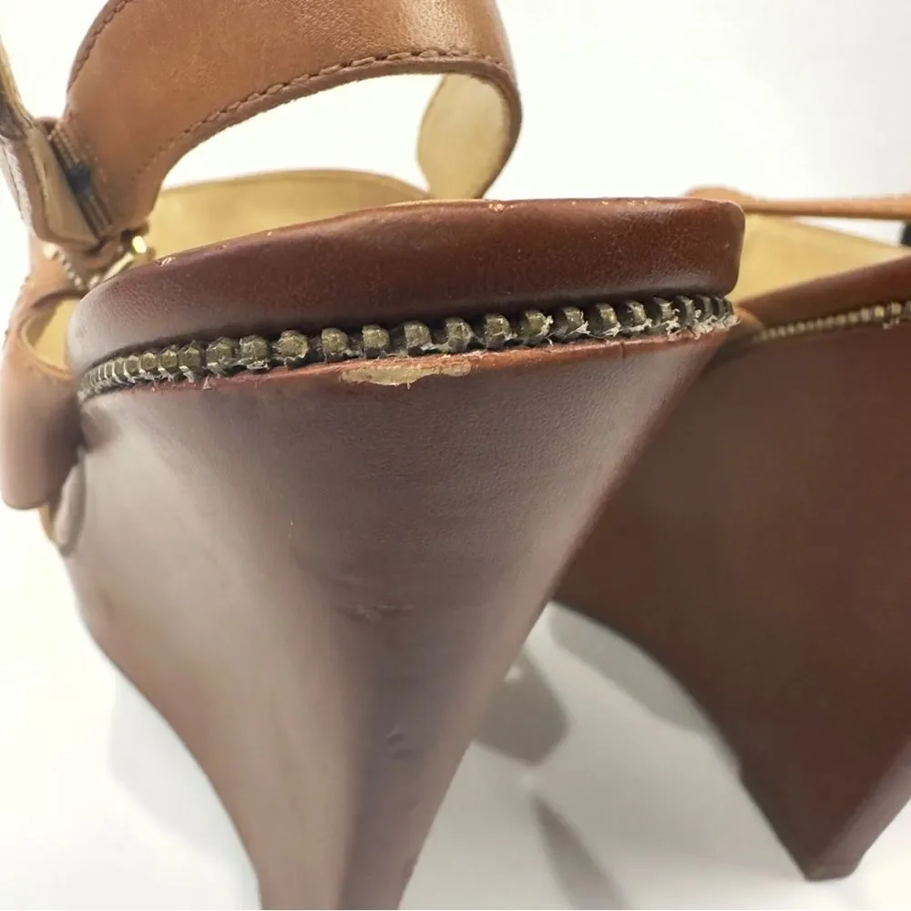 Guess WGFRANCIE Brown Leather Wedge Open Toe Strappy Sandals Women's Sz 10M